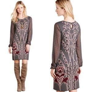Anthropologie Knitted‎ & Knotted Floral Sweater Dress S Gray Pink Sheer Sleeve
